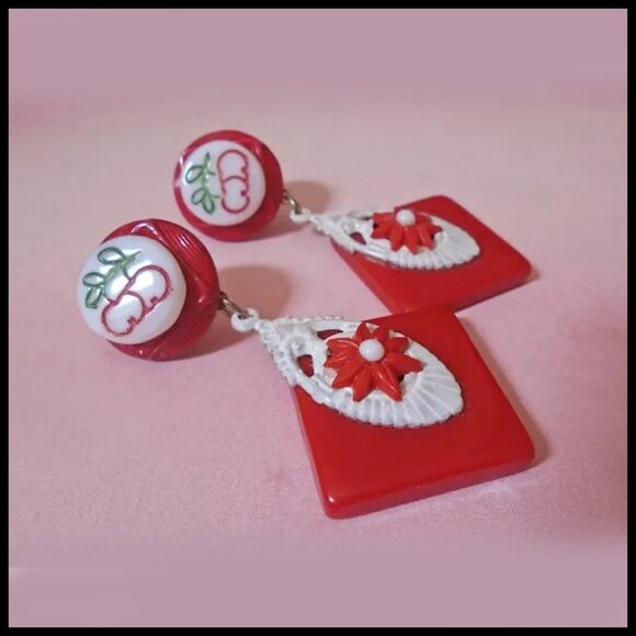 Dangle Earrings Red White Earring Set One of a Kind Recycled Vintage - Picture 3 of 6